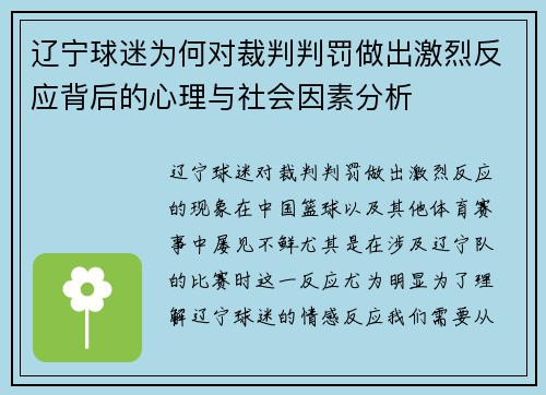辽宁球迷为何对裁判判罚做出激烈反应背后的心理与社会因素分析 辽宁球迷为何对裁判判罚做出激烈反应背后的心理与社会因素分析