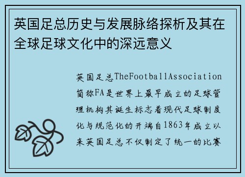 英国足总历史与发展脉络探析及其在全球足球文化中的深远意义 英国足总历史与发展脉络探析及其在全球足球文化中的深远意义